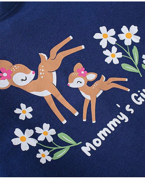 Babyhug Cotton Knit  Full Sleeves Deer & Floral Print Night Suit - Navy Blue