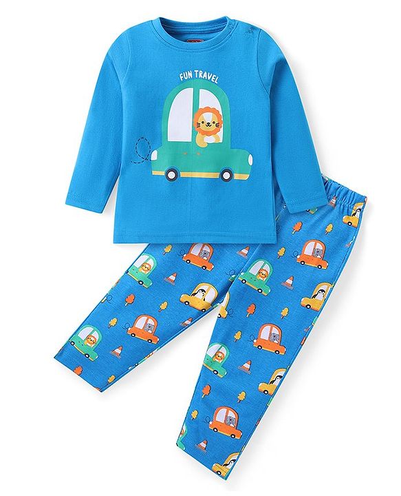 Babyhug Cotton Knit Full Sleeves Night Suit With Cars Print - Blue