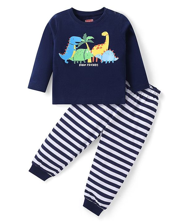 Babyhug Cotton Knit Full Sleeves Night Suit With Dinosaur Print - Navy