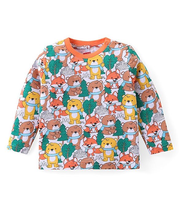Babyhug Cotton Knit Full Sleeves Night Suit With Teddy Bear Print - Multicolor