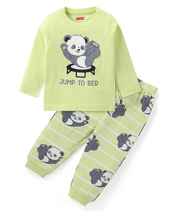 Babyhug Cotton Knit Full Sleeves Night Suit With Panda Print - Green