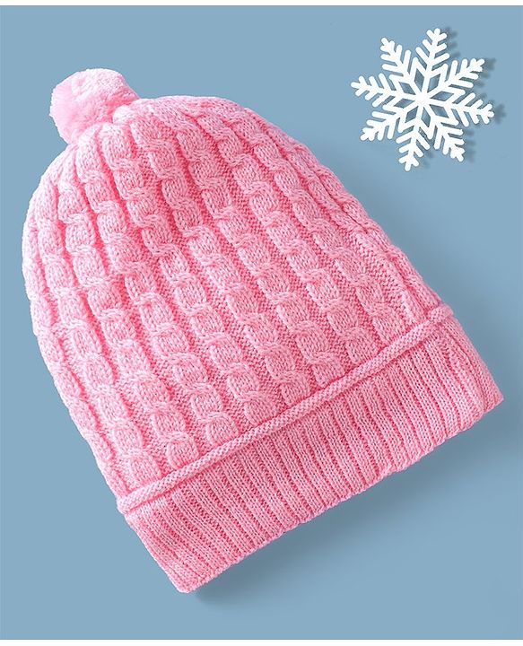 Babyhug Woollen Cable Knit Design Cap With Pom Pom - Pink