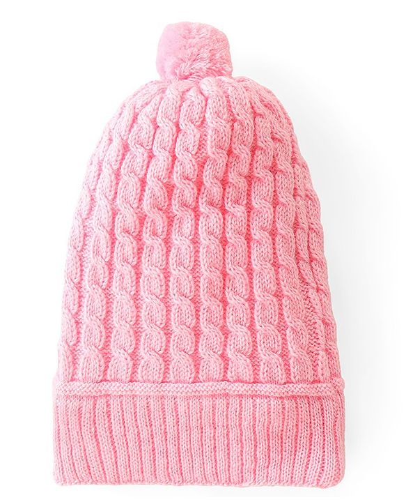 Babyhug Woollen Cable Knit Design Cap With Pom Pom - Pink