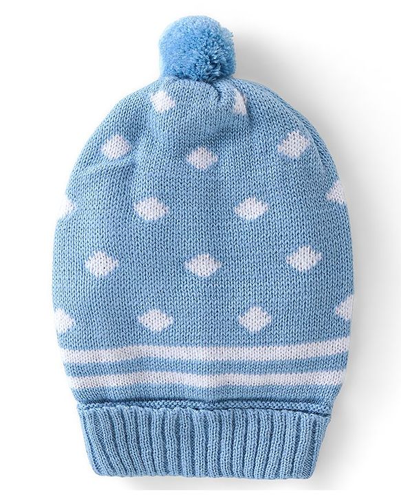 Babyhug Woolen Knitted Design Cap With Pom Pom - Blue