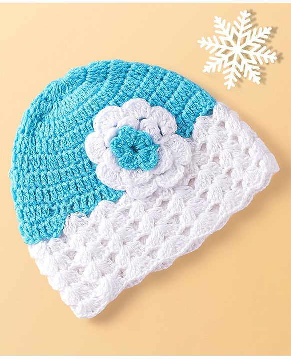 Babyhug Woolen Knitted Crochet Design Cap - Blue & White