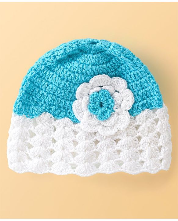 Babyhug Woolen Knitted Crochet Design Cap - Blue & White