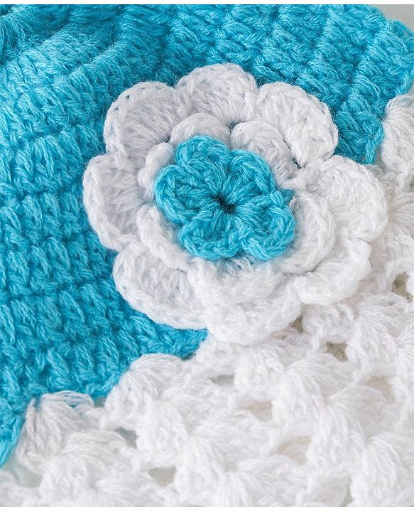 Babyhug Woolen Knitted Crochet Design Cap - Blue & White