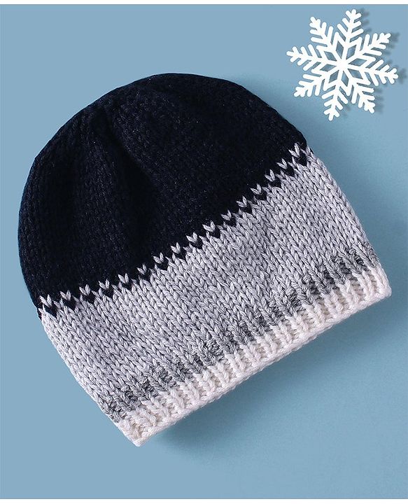 Babyhug Woollen Knitted Cap - Navy Blue & Grey