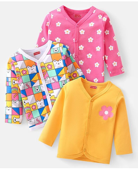 Babyhug 100% Cotton Knit Full Sleeves Front Open Vests Floral Print Pack of 3 - Multicolour