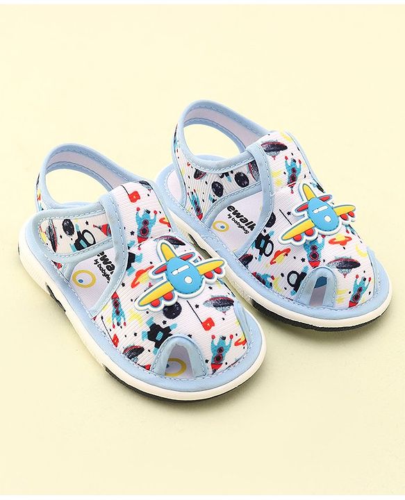 Cute Walk by Babyhug Musical Sandals with Velcro Closure Aeroplane Print & Applique  - Navy Blue