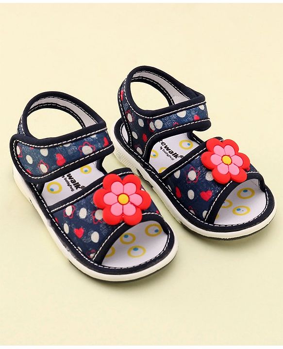 Cute Walk by Babyhug Velcro Closure Musical Sandals With Floral Applique- Blue