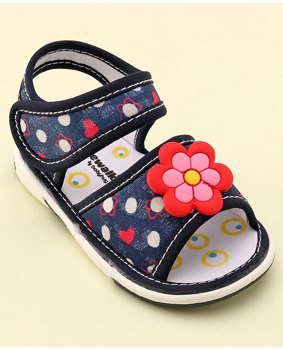 Cute Walk by Babyhug Velcro Closure Musical Sandals With Floral Applique- Blue