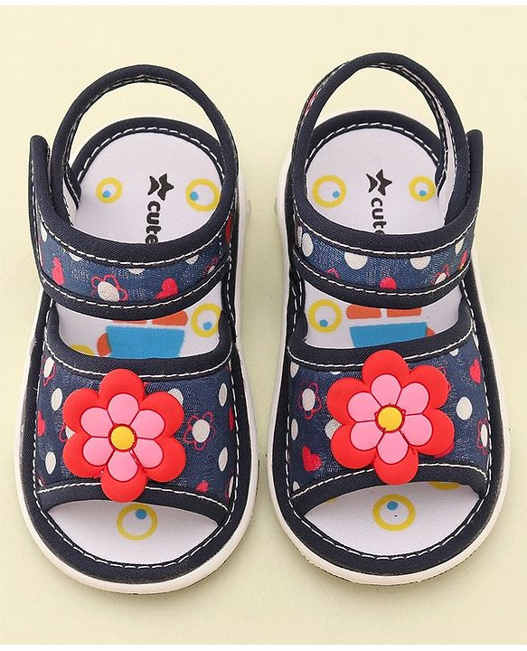 Cute Walk by Babyhug Velcro Closure Musical Sandals With Floral Applique- Blue
