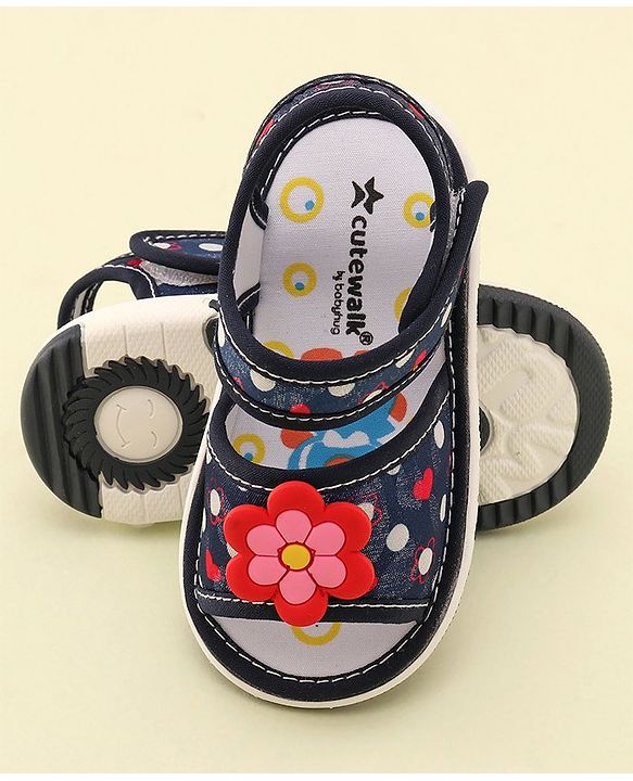 Cute Walk by Babyhug Velcro Closure Musical Sandals With Floral Applique- Blue