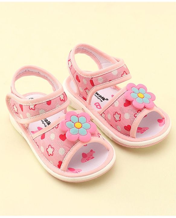 Cute Walk by Babyhug Velcro Closure Musical Sandals With Floral Applique- Pink