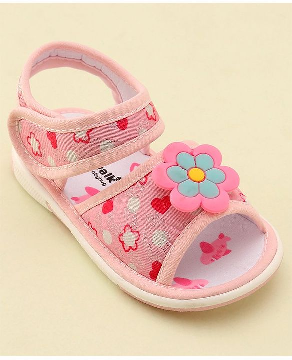 Cute Walk by Babyhug Velcro Closure Musical Sandals With Floral Applique- Pink