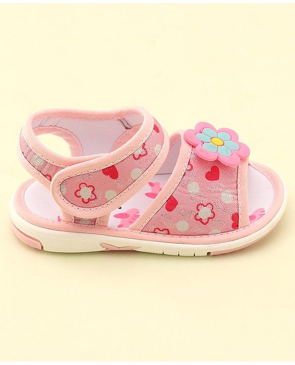 Cute Walk by Babyhug Velcro Closure Musical Sandals With Floral Applique- Pink