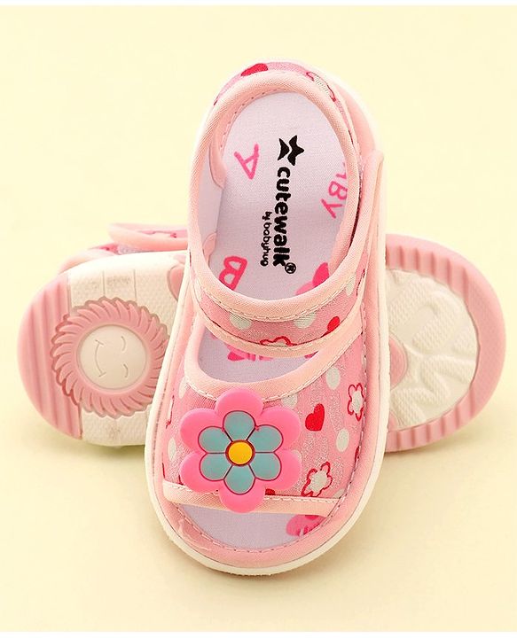 Cute Walk by Babyhug Velcro Closure Musical Sandals With Floral Applique- Pink