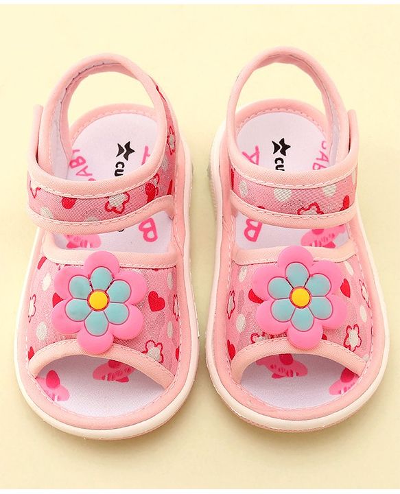 Cute Walk by Babyhug Velcro Closure Musical Sandals With Floral Applique- Pink