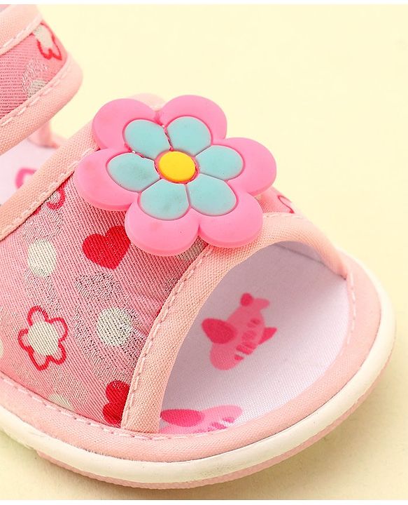 Cute Walk by Babyhug Velcro Closure Musical Sandals With Floral Applique- Pink