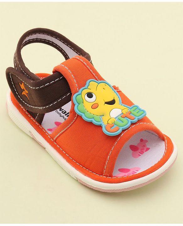 Cute Walk by Babyhug Slip On Musical Sandals with Dino Applique & Velcro Closure - Orange