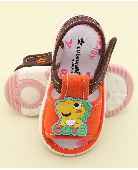 Cute Walk by Babyhug Slip On Musical Sandals with Dino Applique & Velcro Closure - Orange