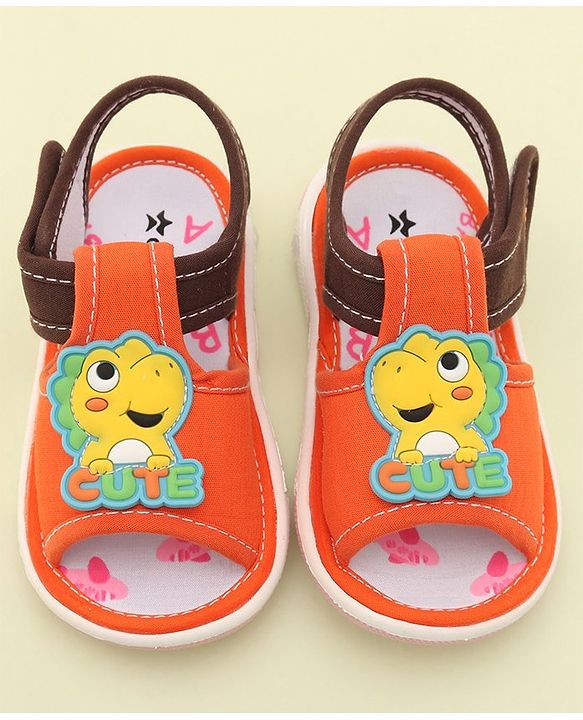 Cute Walk by Babyhug Slip On Musical Sandals with Dino Applique & Velcro Closure - Orange