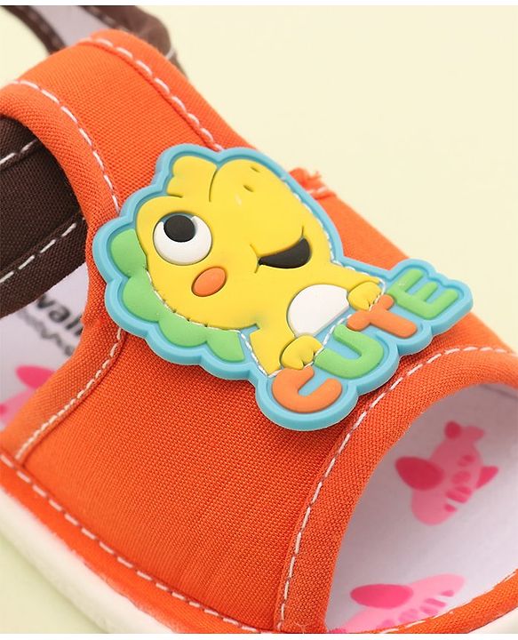 Cute Walk by Babyhug Slip On Musical Sandals with Dino Applique & Velcro Closure - Orange