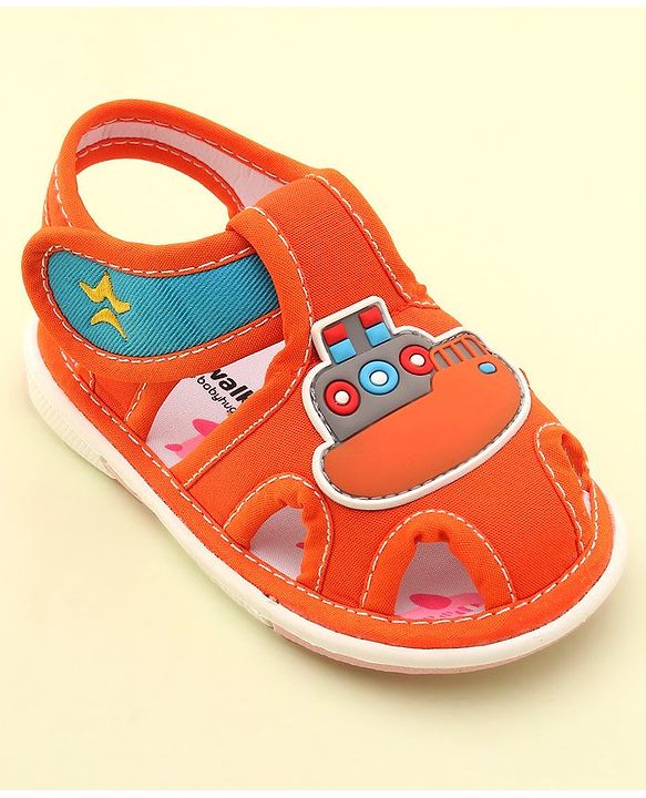 Cute Walk by Babyhug Velcro Closure Musical Sandals with Ship Applique -Orange