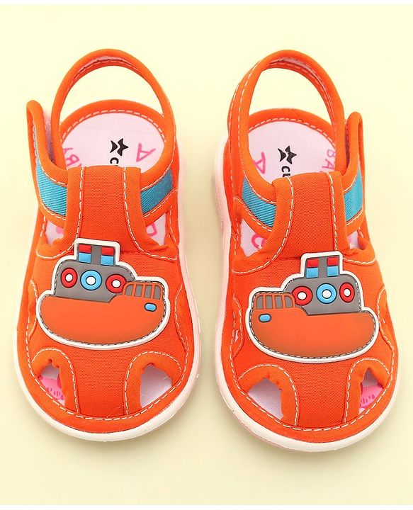 Cute Walk by Babyhug Velcro Closure Musical Sandals with Ship Applique -Orange