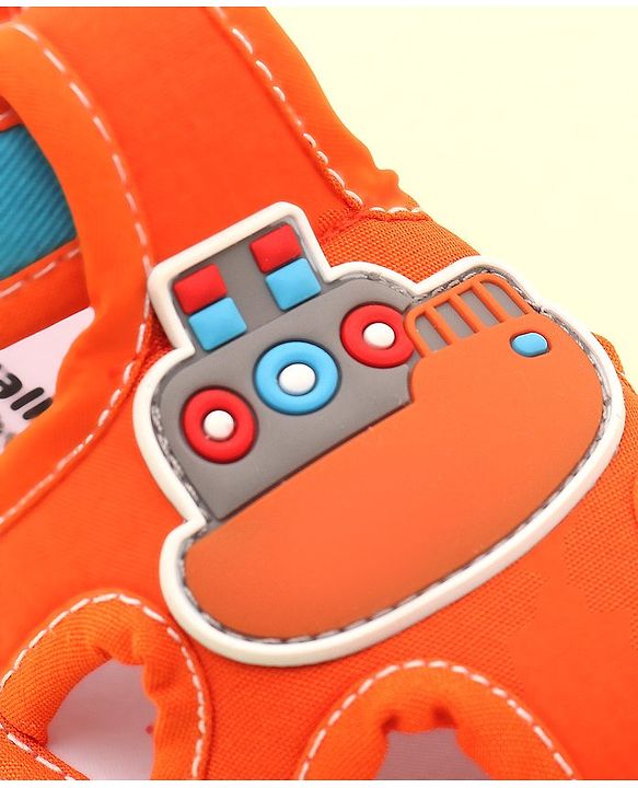 Cute Walk by Babyhug Velcro Closure Musical Sandals with Ship Applique -Orange