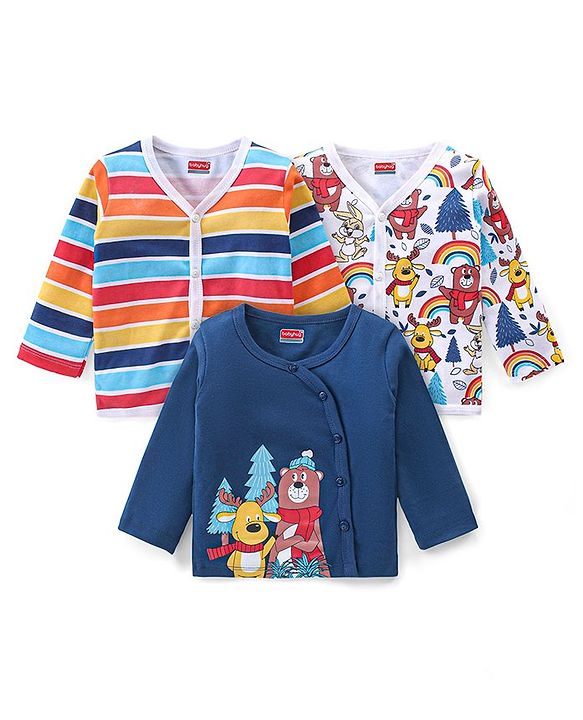 Babyhug Interlock Cotton Knit Full Sleeves Front Open Vests With Stripes & Animals Print Pack of 3 - White & Blue