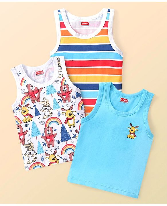 Babyhug 100 % Cotton Knit Sando with Bears Print Pack of 3 - Multicolour