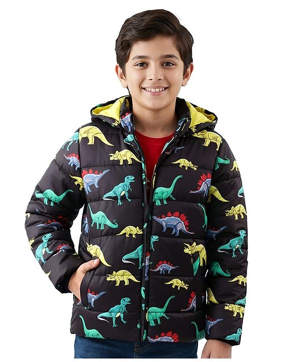 Pine Kids Full Sleeves Front Open Hoodie with Dino Print & Pockets - Black