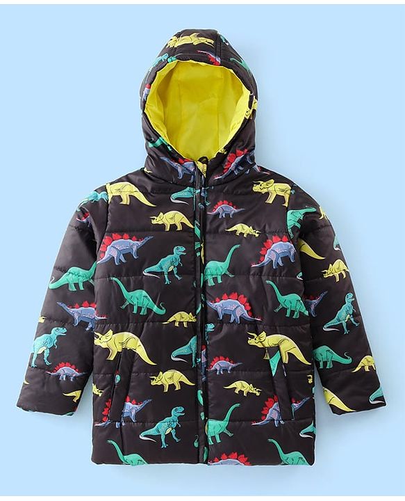 Pine Kids Full Sleeves Front Open Hoodie with Dino Print & Pockets - Black