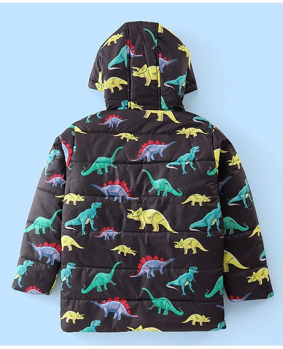 Pine Kids Full Sleeves Front Open Hoodie with Dino Print & Pockets - Black