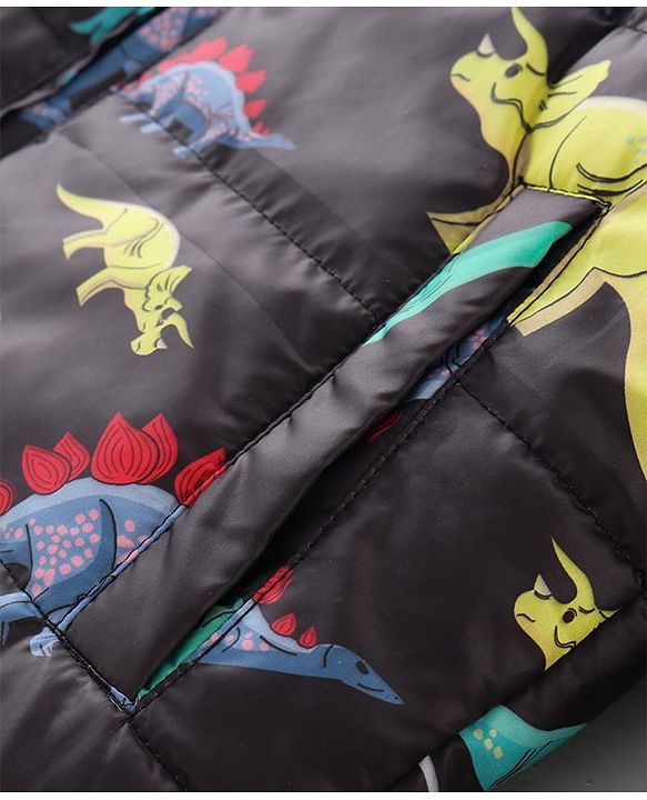 Pine Kids Full Sleeves Front Open Hoodie with Dino Print & Pockets - Black