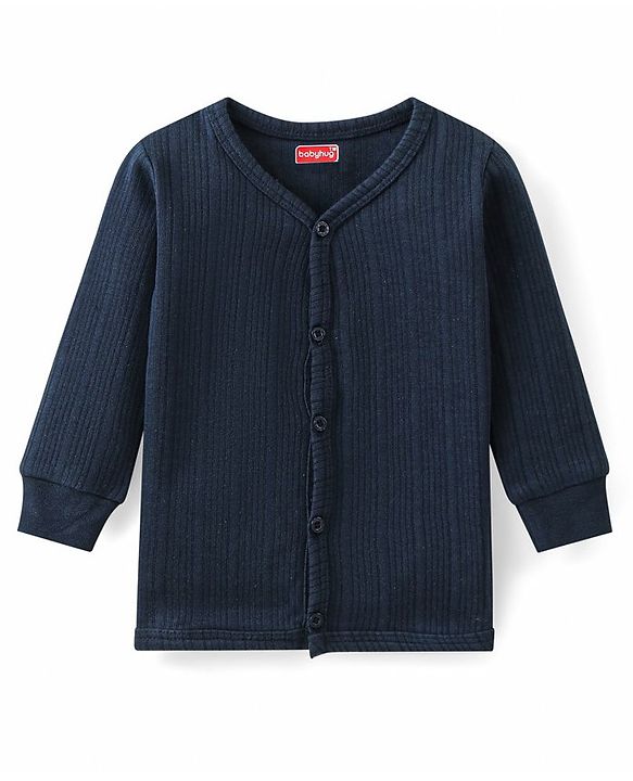 Babyhug Front Open Full Sleeves Solid Color Thermal Vest - Navy Blue