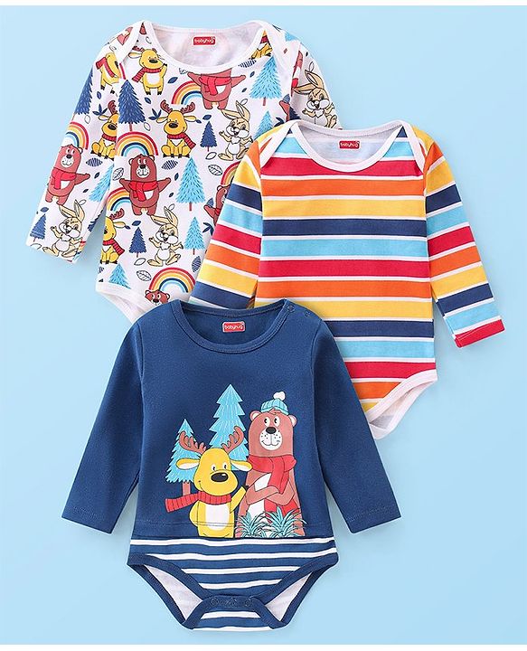 Babyhug 100% Cotton Knit Full Sleeves Onesies Bear & Reindeer Print Pack of 3 - Multicolour