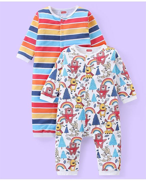 Babyhug 100% Cotton Full Sleeves Rompers Christmas Theme Pack of 2 - Multicolour