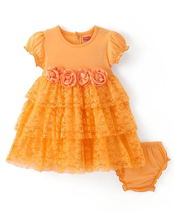 Babyhug Single Jersey Knit Puffed Sleeves Frock with Bloomer Floral Applique - Orange