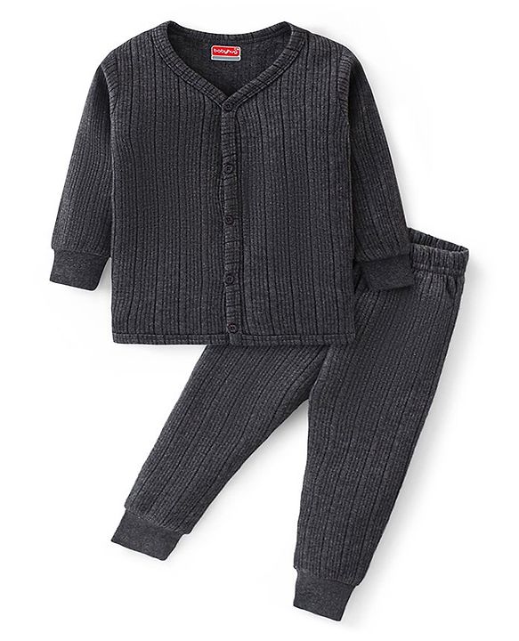 Babyhug Front Open Full Sleeves Solid Colour Thermal Vest & Legging Set - Dark Grey