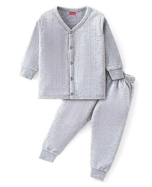 Babyhug Front Open Full Sleeves Solid Colour Thermal Vest & Legging Set - Grey
