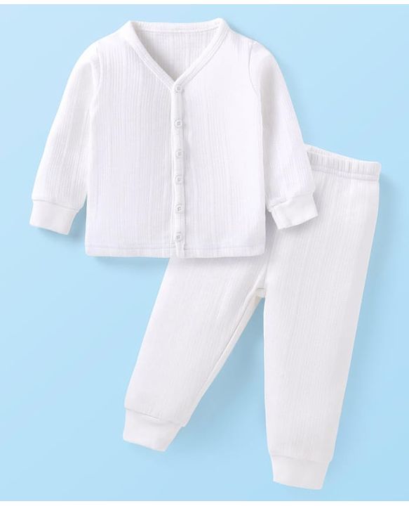 Babyhug Full Sleeves Solid Thermal Vest & Pant Set - White