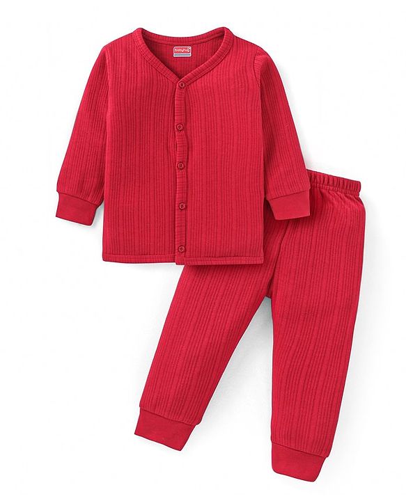 Babyhug Full Sleeves Front Open Thermal Vest & Pant Set Solid Colour - Red