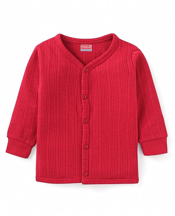 Babyhug Full Sleeves Front Open Thermal Vest & Pant Set Solid Colour - Red