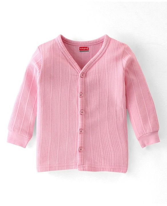 Babyhug Full Sleeves Front Open Solid Thermal Vest & Pant - Pink