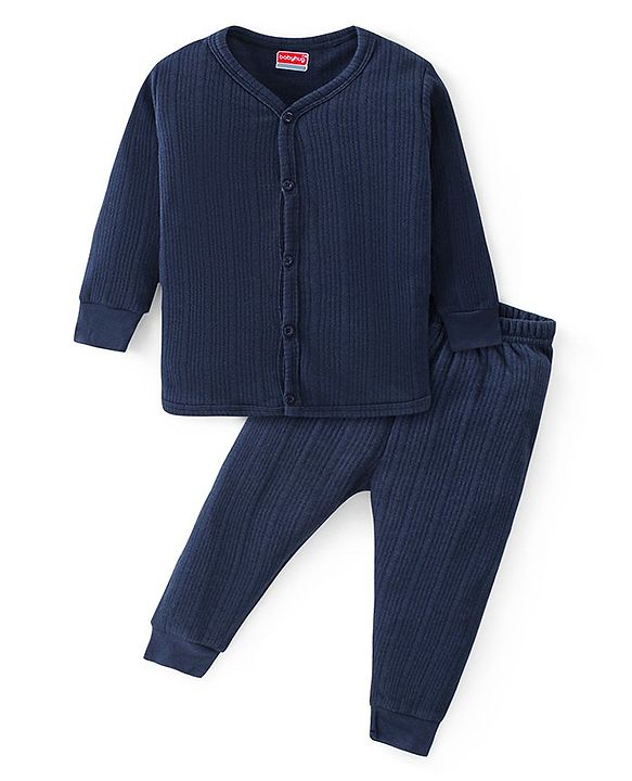 Babyhug Front Open Full Sleeves Solid Colour Thermal Vest & Legging Set - Navy Blue