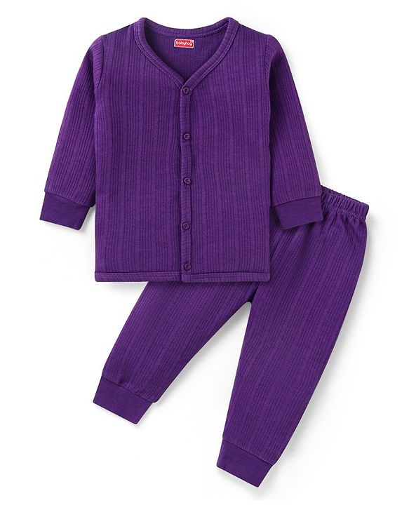 Babyhug Front Open Full Sleeve Vest and Legging Solid Color Thermal Wear  Combo Set -Purple