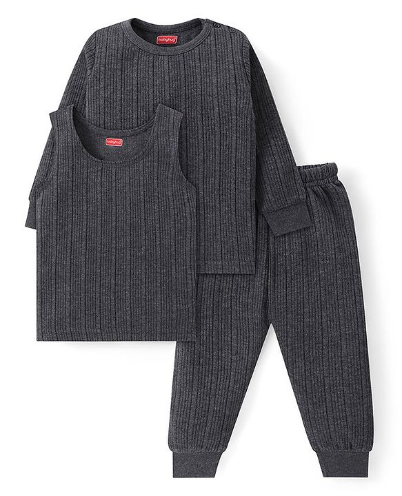 Babyhug Solid Full Sleeves Thermal Vests & Pant Set - Dark Grey